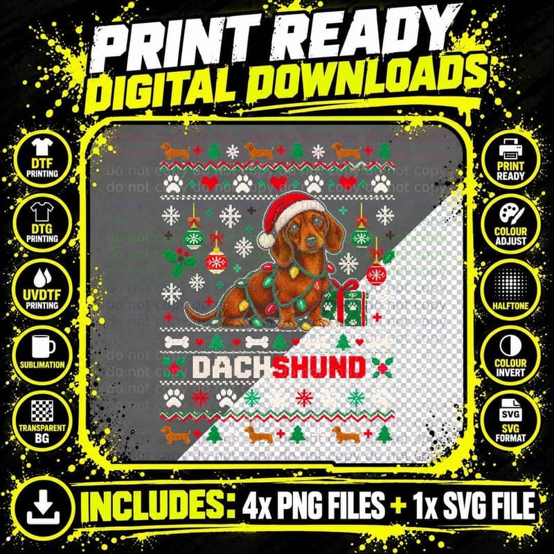 Red Dachshund Christmas Ugly Sweater Wiener Dog Santa Png SVG Digital Bundle