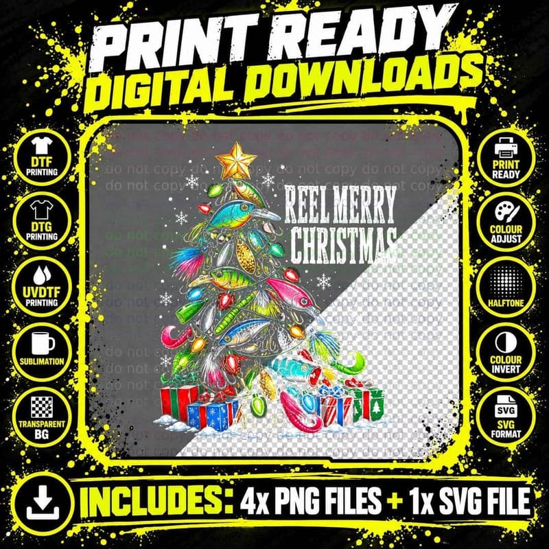 Reel Merry Christmas Tree Made Of Fishing Lures Funny Png SVG Digital Bundle