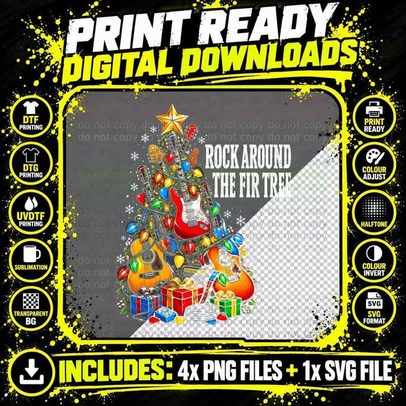 Rock Around The Fir Tree Christmas Guitars Guitarist Png SVG Digital Bundle