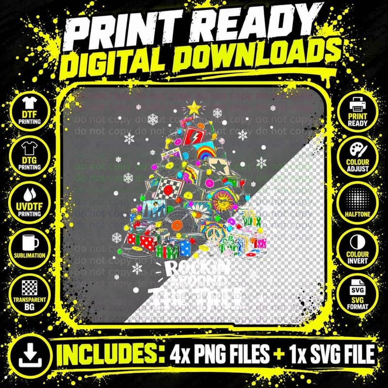 Rockin Around The Tree Vinyl Records Christmas Retro Png SVG Digital Bundle