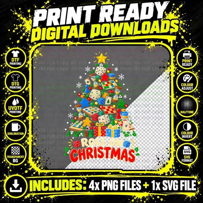 Roll On Christmas Board Game Tree Dice Meeples Tabletop Png SVG Digital Bundle