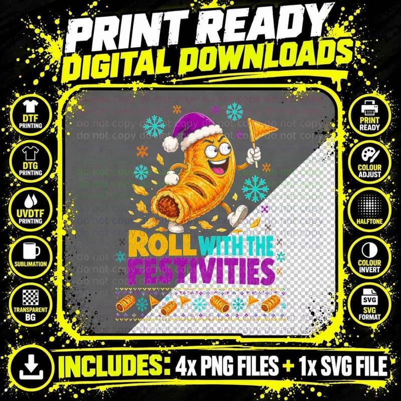 Roll With The Festivities Sausage Rolls Christmas Ugly Png SVG Digital Bundle