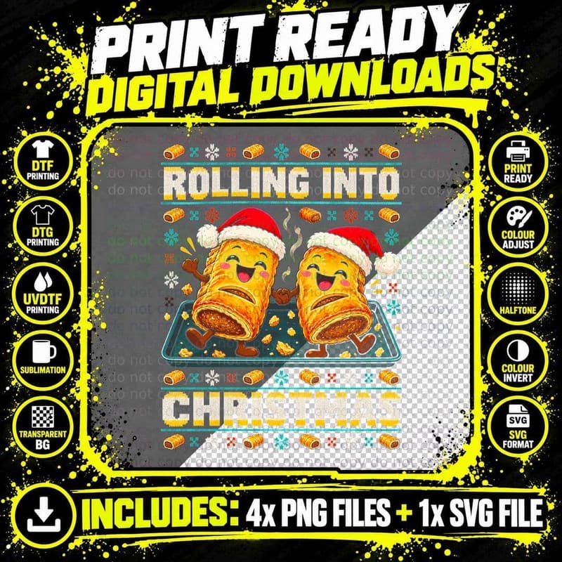 Rolling Into Christmas Two Sausage Rolls Funny Ugly Png SVG Digital Bundle