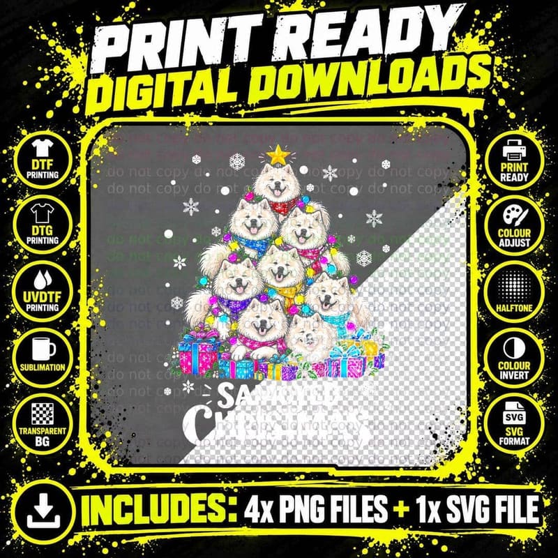 Samoyed Christmas Tree Made Of White Fluffy Puppies Dog Png SVG Digital Bundle