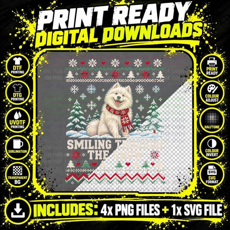 Samoyed Smiling Through The Snow Christmas Ugly Sweater Png SVG Digital Bundle