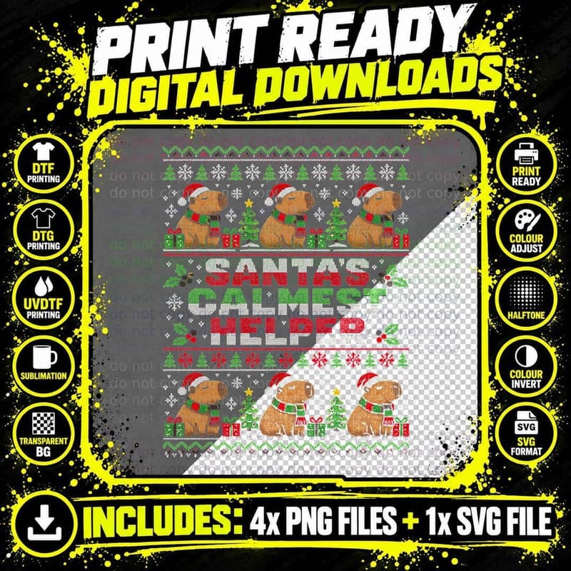 Santa's Calmest Helper Capybara Scarf Christmas Ugly Png SVG Digital Bundle