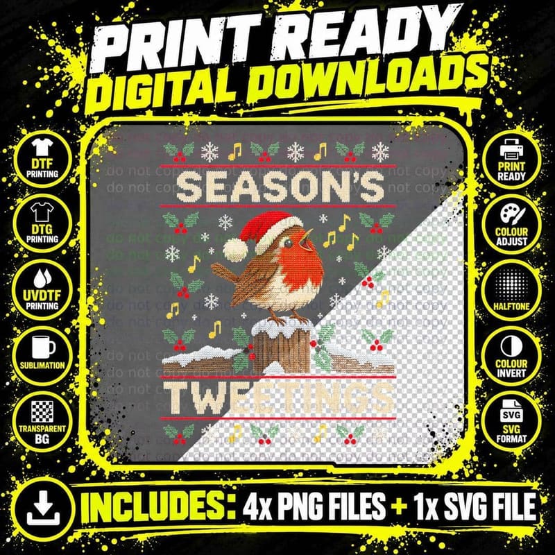 Season's Tweetings Singing Robin Bird Christmas Ugly Png SVG Digital Bundle