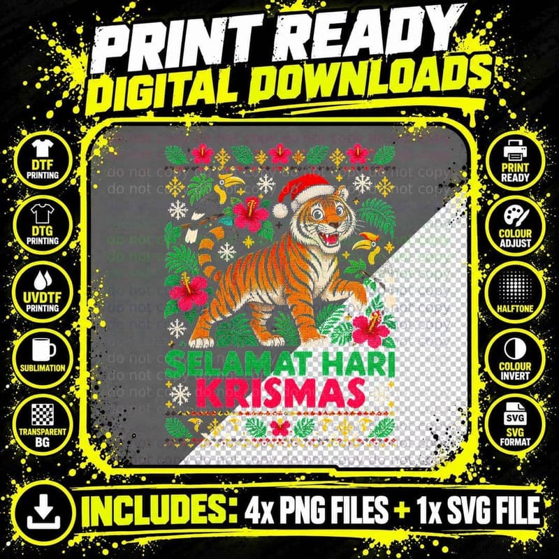 Selamat Hari Krismas Malaysian Tiger Ugly Xmas Sweater Png SVG Digital Bundle