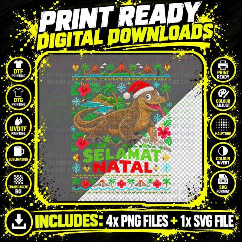 Selamat Natal Indonesian Komodo Dragon Ugly Xmas Sweater Png SVG Digital Bundle
