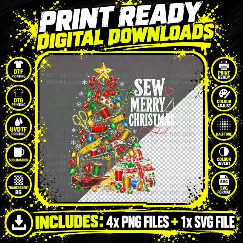 Sew Merry Christmas Tree Sewing Machine Threads Png SVG Digital Bundle