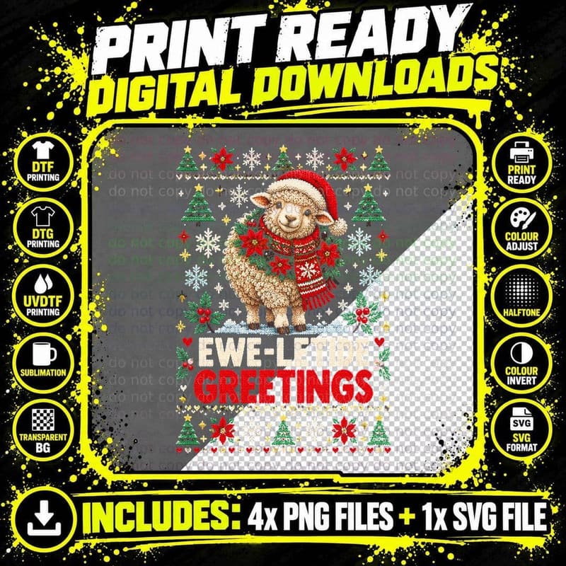 Sheep Ewe-Letide Greetings Christmas Ugly Sweater Farm Png SVG Digital Bundle