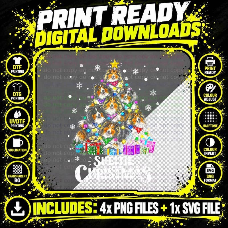 Sheltie Christmas Tree Made Of Shetland Sheepdog Puppies Png SVG Digital Bundle