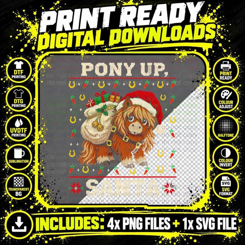 Shetland Pony Up Santa Christmas Ugly Sweater Horse Png SVG Digital Bundle