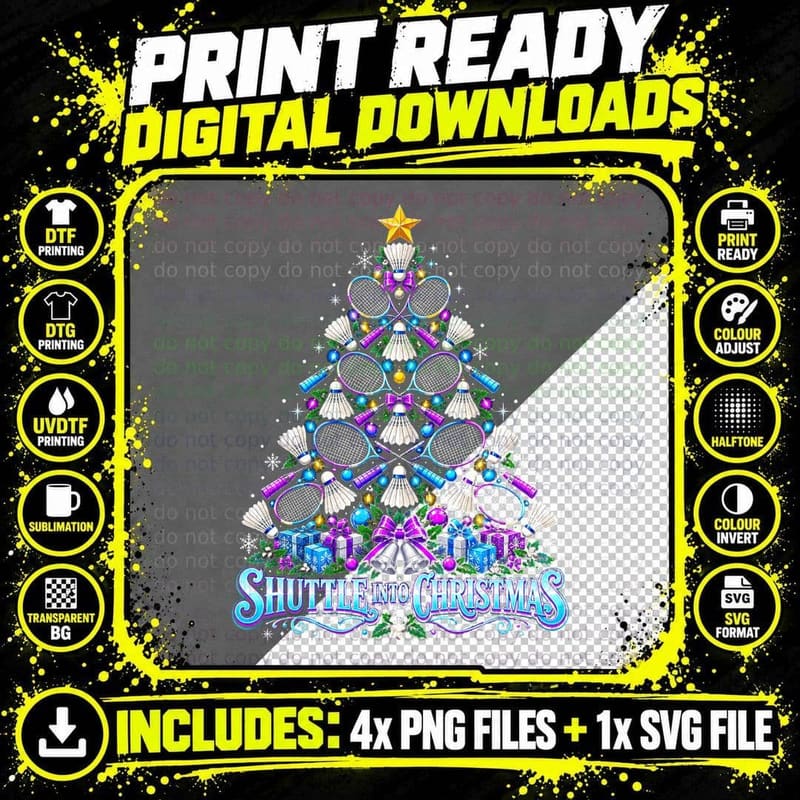 Shuttle Into Christmas Tree Of Badminton Rackets Png SVG Digital Bundle