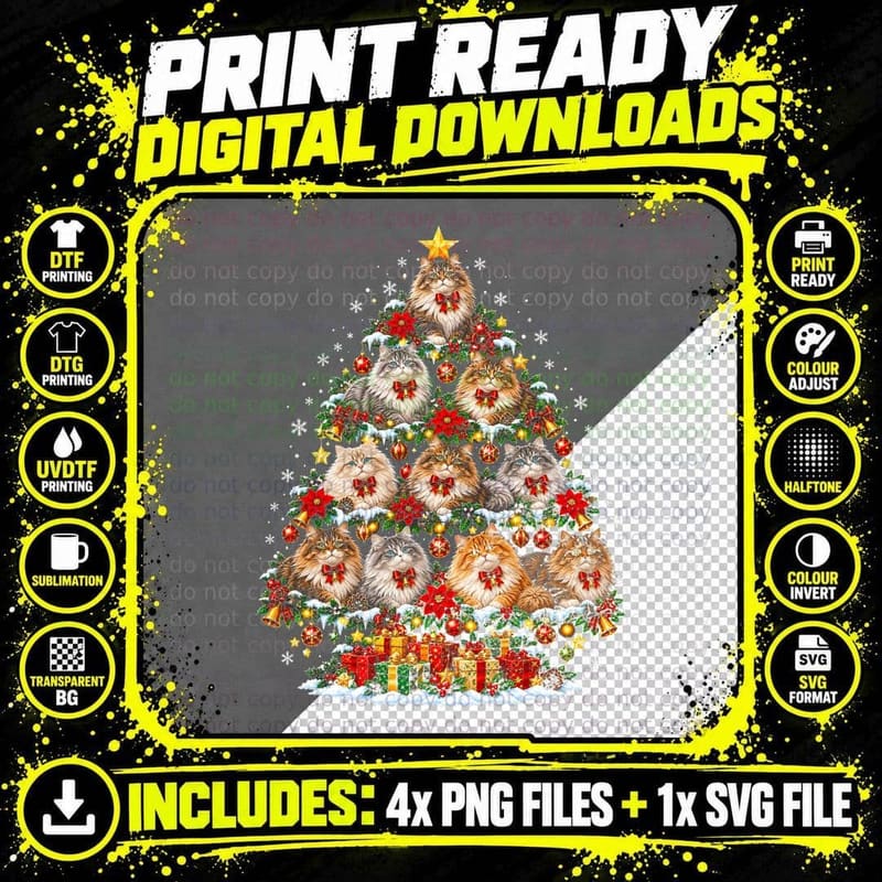 Siberian Cat Christmas Tree Fluffy Longhair Kittens Png SVG Digital Bundle