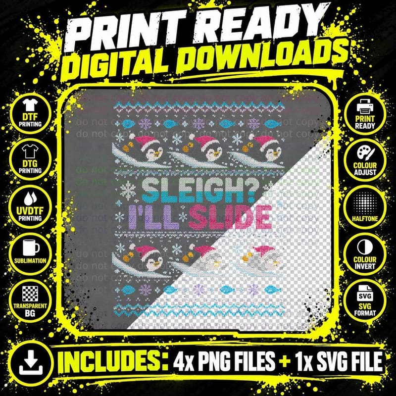 Sleigh I'll Slide Funny Penguin Christmas Ugly Sweater Png SVG Digital Bundle