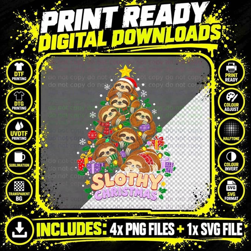 Slothy Christmas Tree Made Of Sloths Funny Lazy Animal Png SVG Digital Bundle