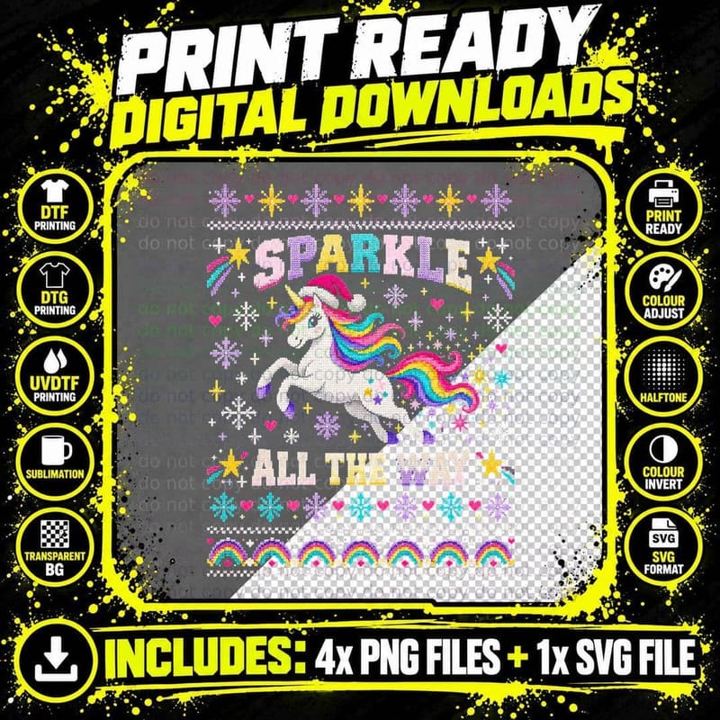 Sparkle All the Way Rainbow Unicorn Christmas Ugly Png SVG Digital Bundle