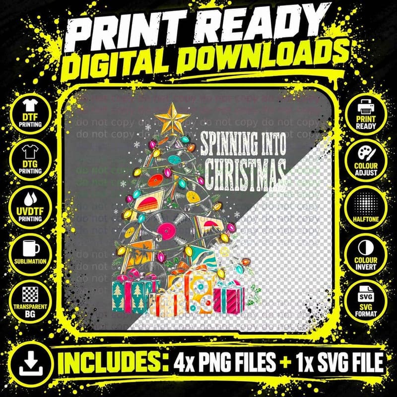 Spinning Into Christmas Tree Made Of Vinyl Records Png SVG Digital Bundle