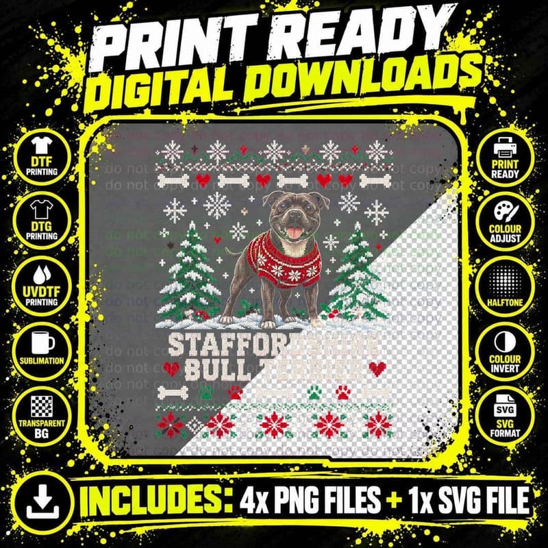 Staffordshire Bull Terrier Staffie Christmas Ugly Png SVG Digital Bundle