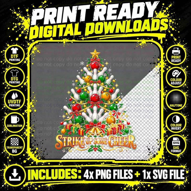 Strike Up Some Cheer Bowling Christmas Tree Ten Pin Png SVG Digital Bundle