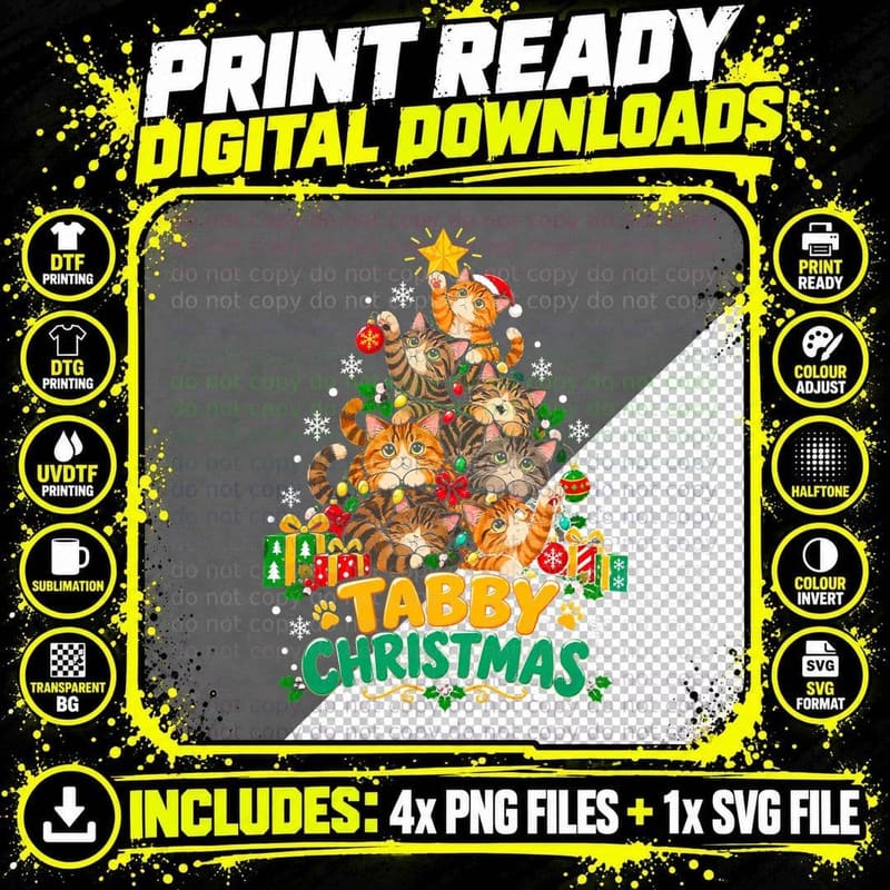 Tabby Christmas Tree Made Of Striped Cats Kitten Lover Png SVG Digital Bundle
