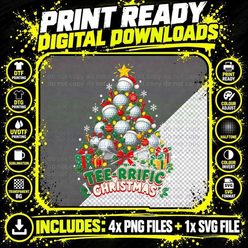Tee-rrific Christmas Golf Ball Tree Funny Golfer Pun Png SVG Digital Bundle
