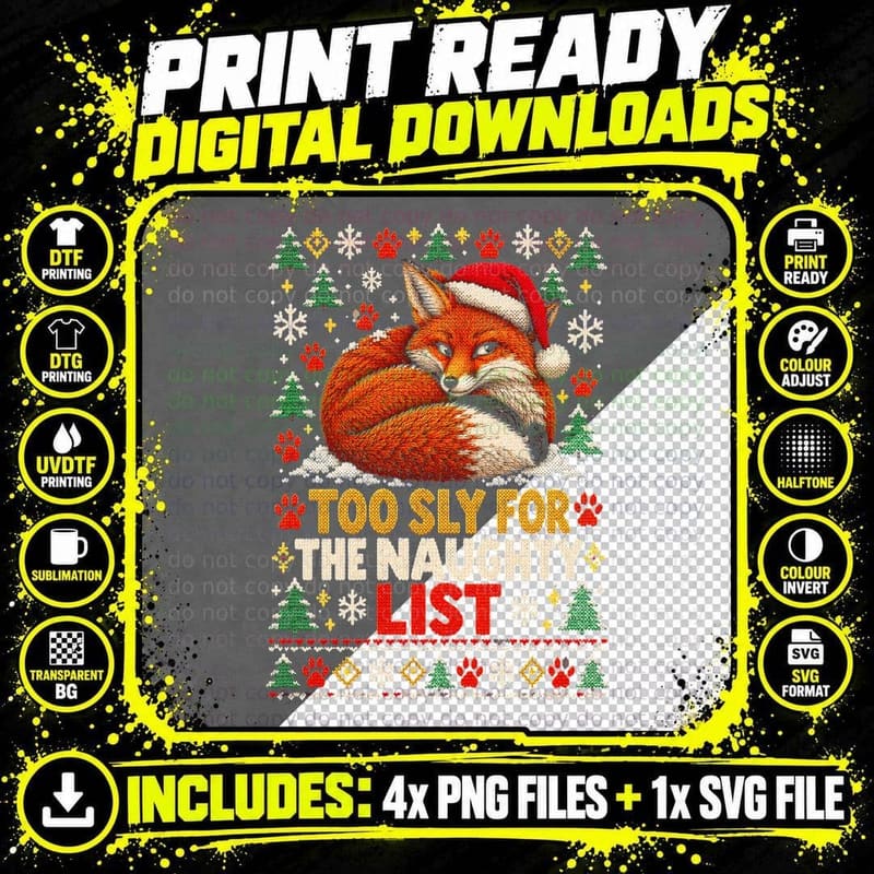 Too Sly for the Naughty List Red Fox Christmas Ugly Png SVG Digital Bundle