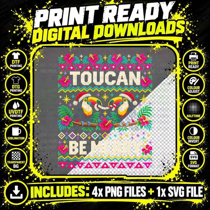 Toucan Be Merry Tropical Bird Hibiscus Christmas Ugly Png SVG Digital Bundle