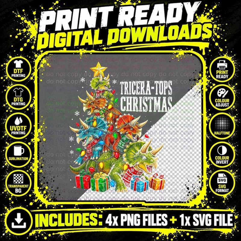 Tricera-Tops Christmas Dinosaur Tree Funny Pun Png SVG Digital Bundle