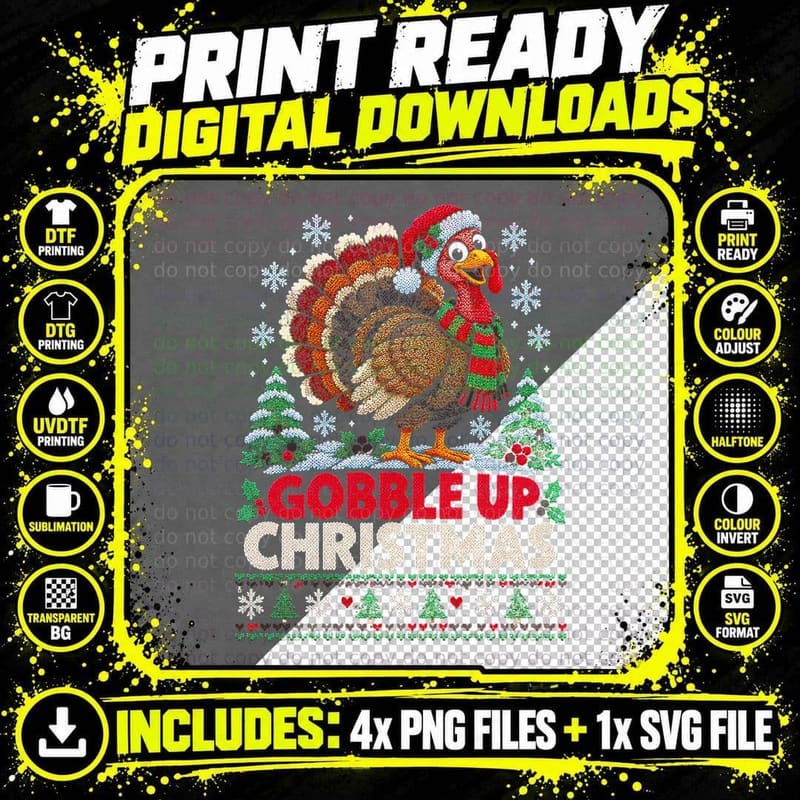 Turkey Gobble Up Christmas Ugly Sweater Funny Farm Bird Png SVG Digital Bundle