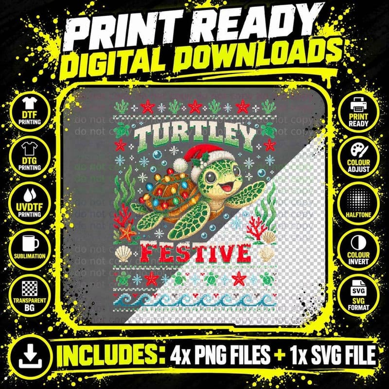 Turtley Festive Funny Sea Turtle Christmas Lights Ugly Png SVG Digital Bundle