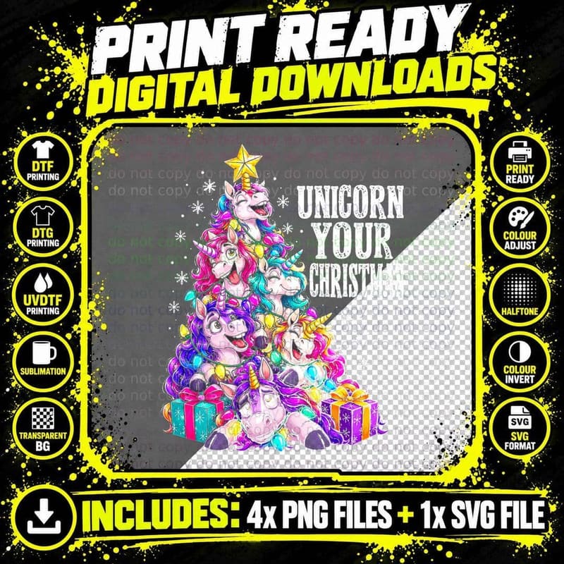 Unicorn Your Christmas Funny Pun Tree Of Rainbow Magical Png SVG Digital Bundle
