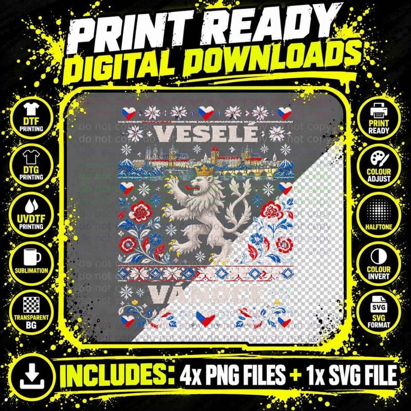 Vesele Vanoce Czech Lion Prague Castle Ugly Christmas Png SVG Digital Bundle