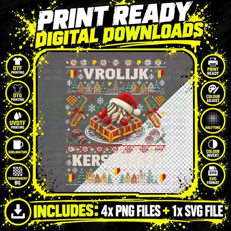 Vrolijk Kerstfeest Belgian Waffle Santa Hat Ugly Xmas Png SVG Digital Bundle