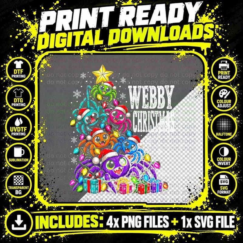 Webby Christmas Tree Made Of Cute Spiders Funny Spooky Png SVG Digital Bundle