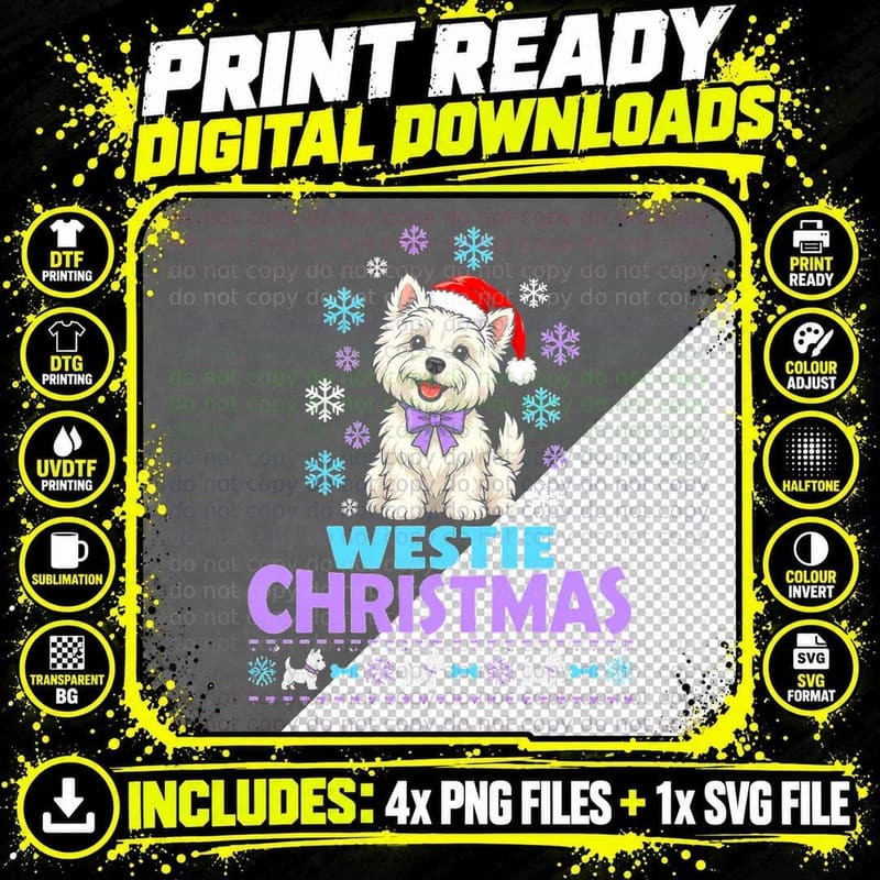 Westie Christmas West Highland White Terrier Santa Hat Png SVG Digital Bundle