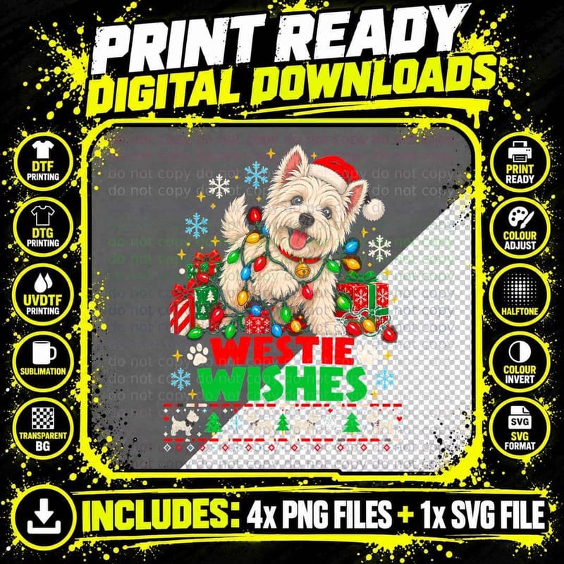 Westie Wishes Christmas Fairy Lights West Highland Png SVG Digital Bundle
