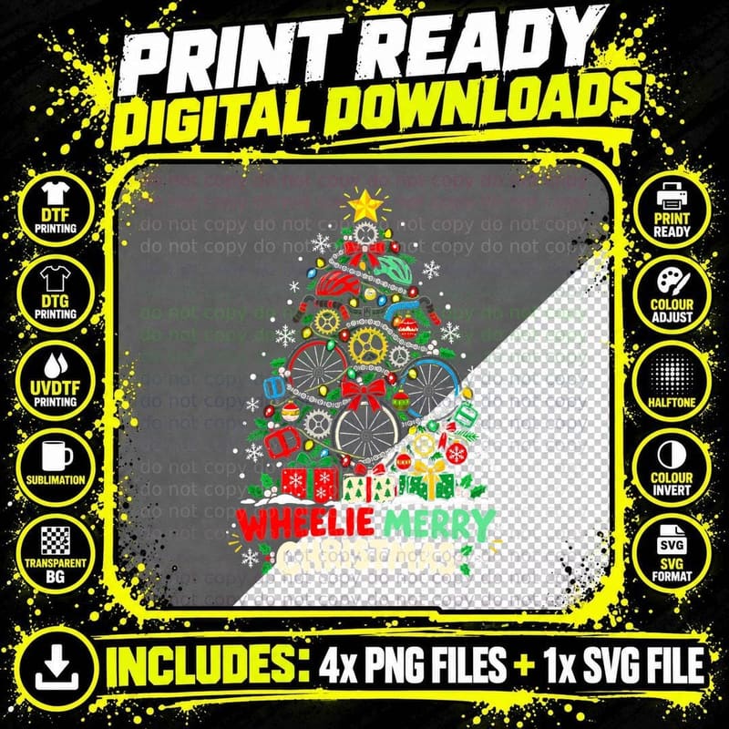 Wheelie Merry Christmas Tree Made Of Bike Wheels Gears Png SVG Digital Bundle