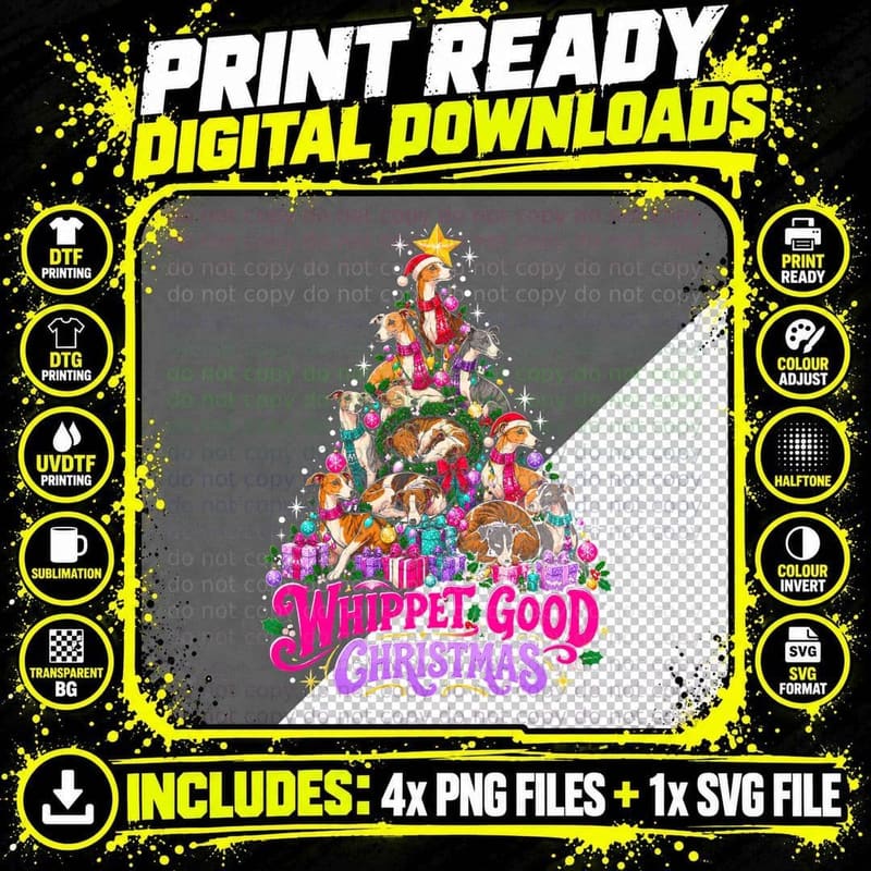 Whippet Good Christmas Tree Made Of Greyhound Dogs Png SVG Digital Bundle