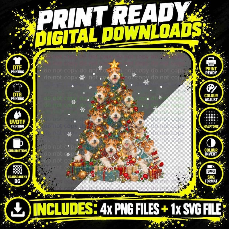 Wire Fox Terrier Christmas Tree Tartan Scarves Dog Lover Png SVG Digital Bundle