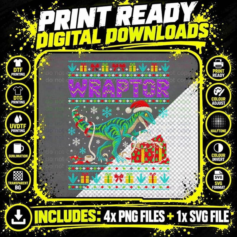 Wraptor Velociraptor Wrapping Presents Christmas Ugly Png SVG Digital Bundle