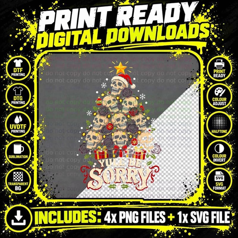Yule Be Sorry Gothic Skull Christmas Tree Santa Hat Png SVG Digital Bundle