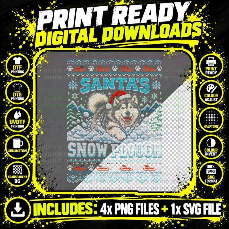 Alaskan Malamute Santa's Snow Plough Christmas Ugly Png SVG Digital Bundle