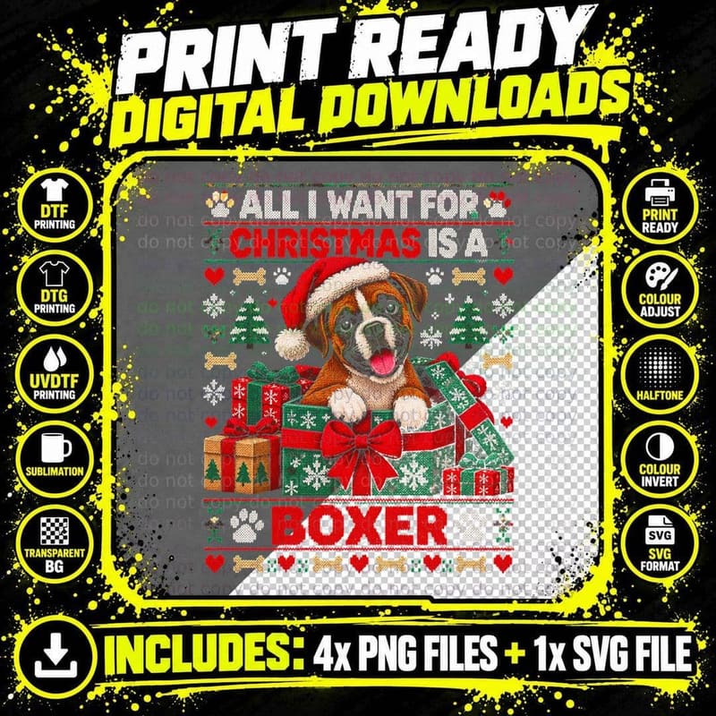 All I Want For Christmas Is a Boxer Dog Present Ugly Png SVG Digital Bundle
