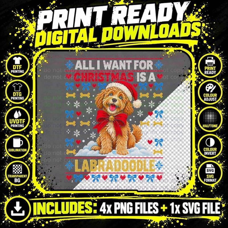All I Want For Christmas Is a Labradoodle Red Bow Ugly Png SVG Digital Bundle
