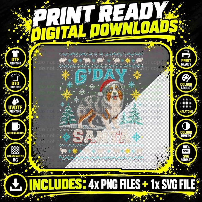 Australian Shepherd G'Day Santa Blue Merle Christmas Png SVG Digital Bundle