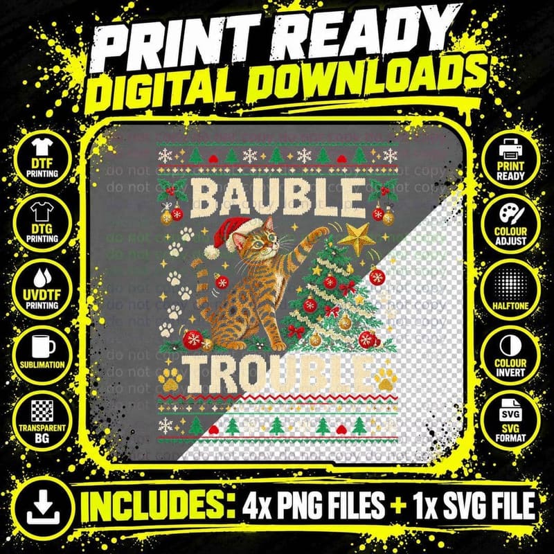 Bengal Cat Bauble Trouble Christmas Tree Ugly Sweater Png SVG Digital Bundle