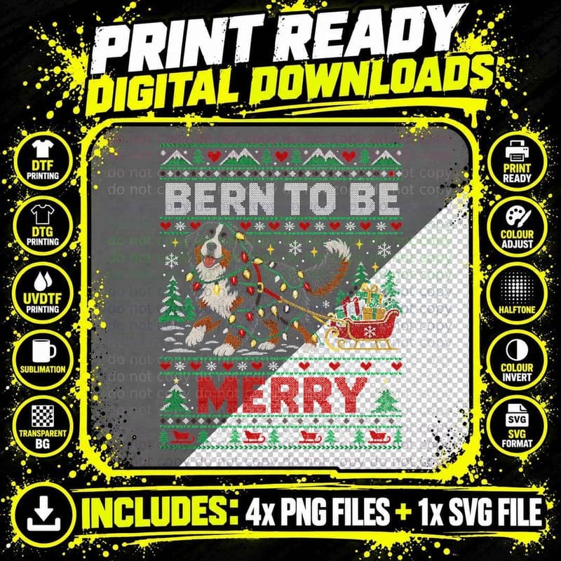 Bernese Mountain Dog Bern To Be Merry Sleigh Christmas Png SVG Digital Bundle