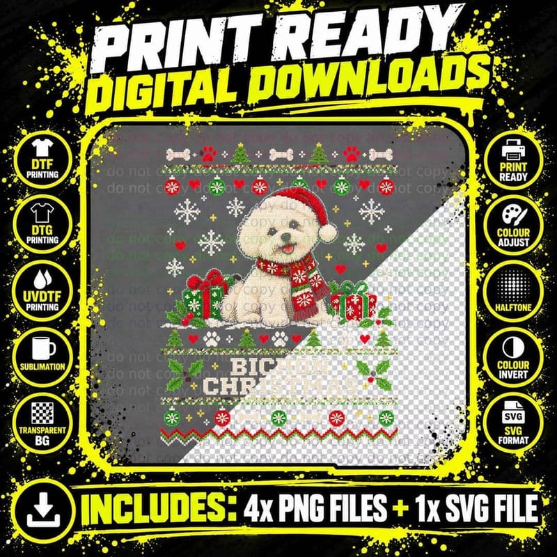 Bichon Christmas Frise Puppy Red Scarf Presents Ugly Png SVG Digital Bundle